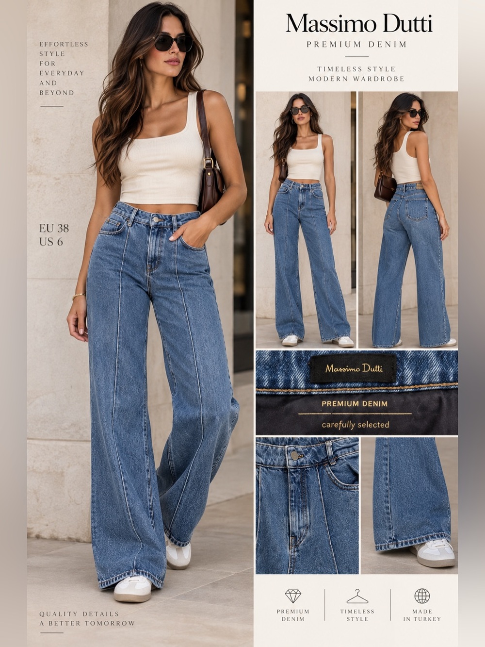 Massimo Dutti Premium Denim Wide Leg Jeans EU 38 US 6 Blue High Rise